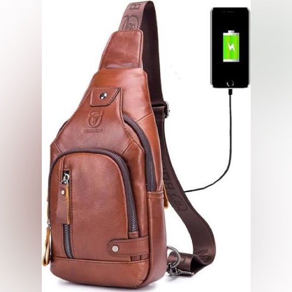 BULLCAPTAIN Genuine Leather Sling Bag with USB Charging Port - Picture 12 of 16